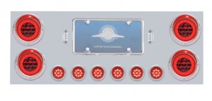 Stainless Steel Rear Center Light Panel W/ Four 21 Led 4" Halo Light & Six 9 Led 2" Flat Light W/ Visor - Red Led/Red Lens