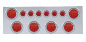 Stainless Steel Rear Center Light Panel W/ Six 7 Led 4" & 9 Led 2" Flat Light W/ Visor - Red Led/Red Lens
