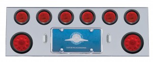 Stainless Steel Rear Center Light Panel W/ Two 10 Led 4" & Six 13 Led 2 1/2" Flat Lt W/ Grommet - Red Led/Red Lens