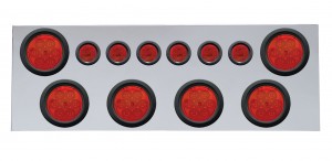 Stainless Steel Rear Center Light Panel W/ Six 7 Led 4" & 9 Led 2" Flat Light W/ Grommet - Red Led/Red Lens