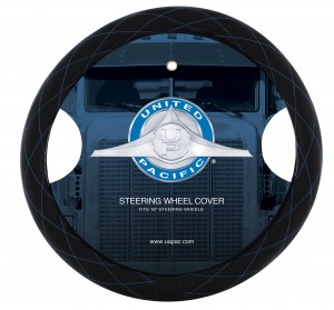 18" Black Diamond Stitched Leather Steering Wheel Cover - Blue Diamond Stitching
